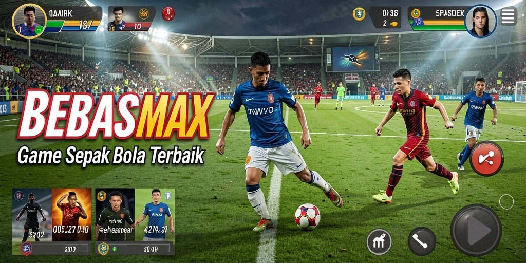 Screenshot gameplay BEBASMAX menampilkan aksi seru di lapangan sepak bola.